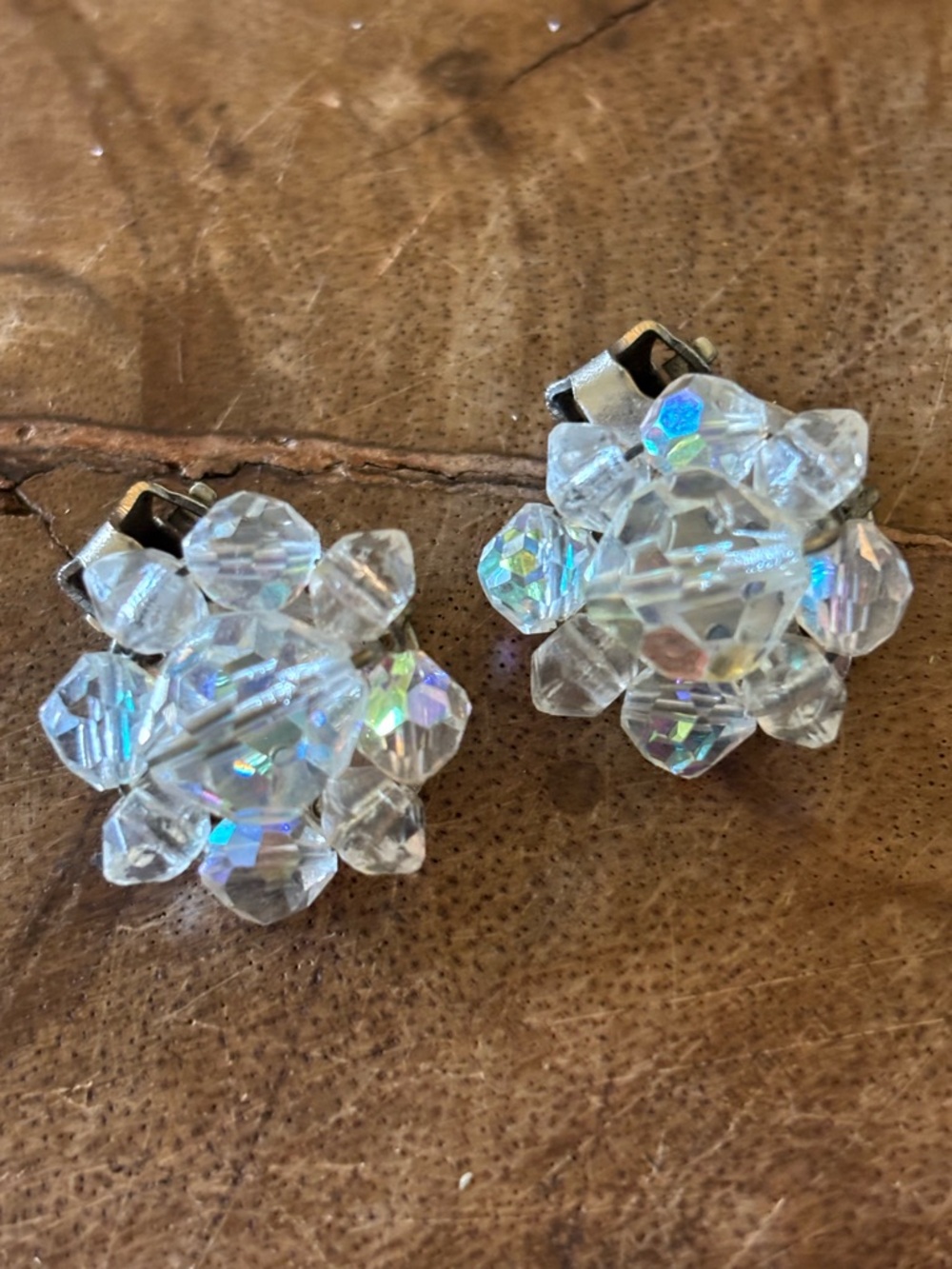 Vintage Aurora Borealis Crystal Cluster Clip-On Earrings - 1950s MCM